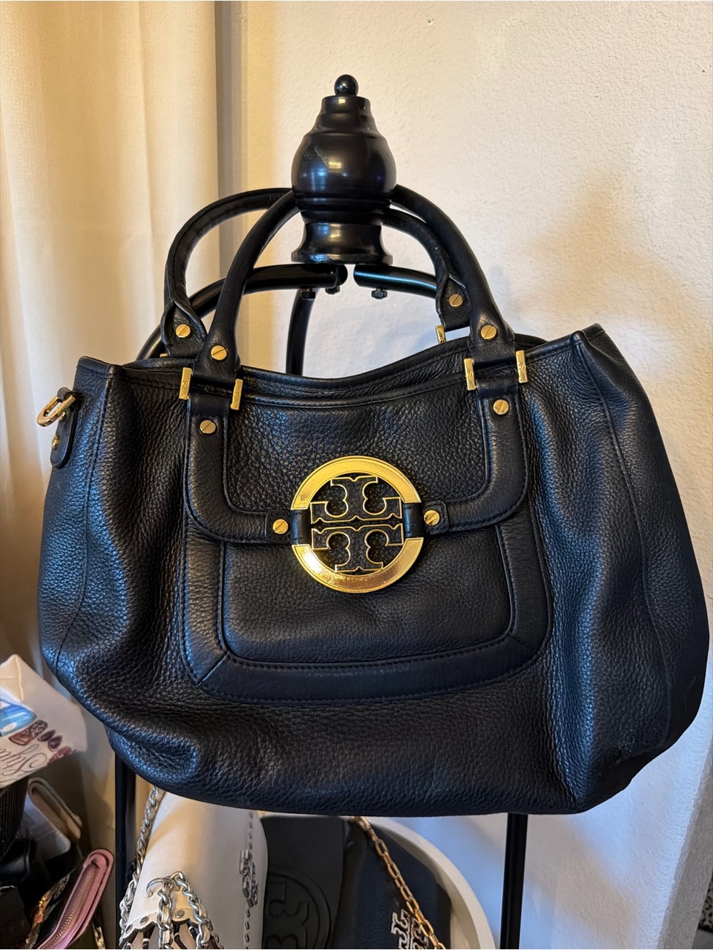 Tory Burch Black Leather Fleming Satchel with Gold Logo